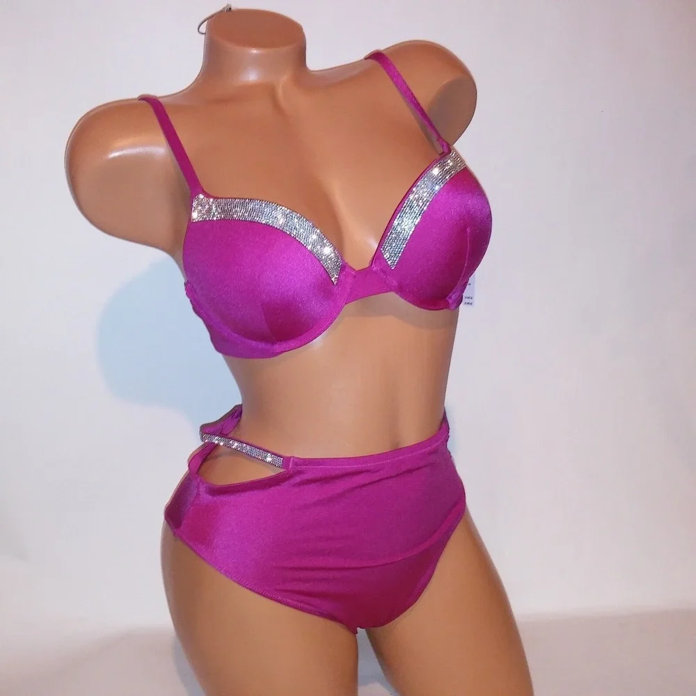 Victoria Secret Swim Bikini 34DD Top Small Bottom Push Up Pink Shine Trim Bling
